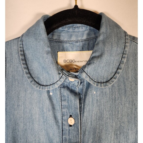 BCBG Blue Denim Distressed Dress Size XS Sleeveless Fray Pocket Button-Up Hi Low - Picture 7 of 10